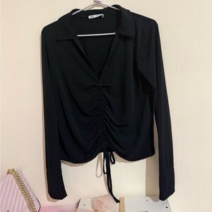 ZARA Black Long-Sleeve Ruched Tie-Front Button Down